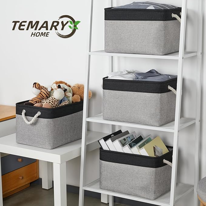 Temary Fabric Storage Baskets 4Pack Storage Bins Decorative Basket for Gift, Clothes Bin with Rope Handle, Rectangle Baskets 