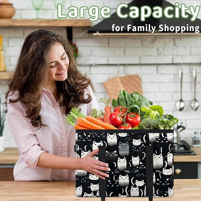 Reusable Grocery Bags Heavy Duty Shopping Bags Foldable Large Tote Bags with Long Handles & Hard Bottom