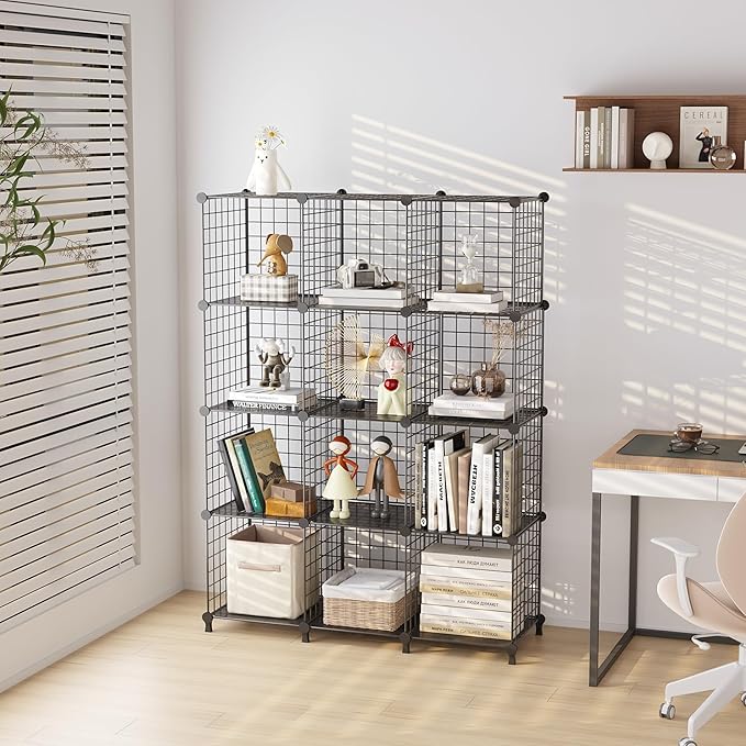 12-Cube Storage Organizer, Metal Wire Cube Shelving Unit, 11.8" L x 11.8" W x 11.8" H, Modular Grid Bookshelf for Closet, Bed