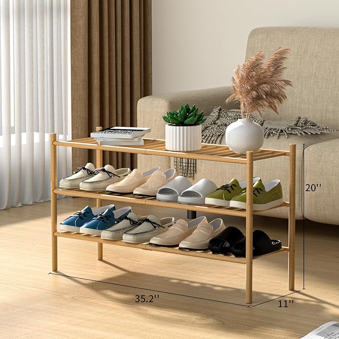 ROMGUAR CRAFT 3-Tier Bamboo Long Shoe Rack, Free Standing Wood Shoe Shelf Storage Organizer for Closet Entryway Stackable 35"