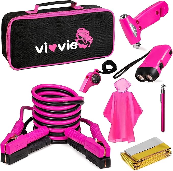 Roadside Emergency Car Kit for Vehicles, Car Safety Kit with Jumper Cables, Safety Hammer, Pink Car Accessories Road Trip Ess