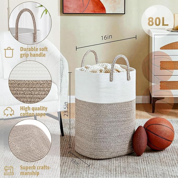 Laundry Basket,Woven Cotton Rope Laundry Hamper,Versatile Storage for Dirty Clothes,Baby Toys,and Blankets in Bathroom, Nurse
