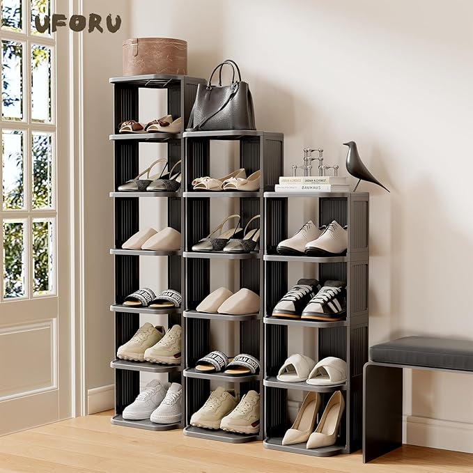 Small Shoe Rack, 5 Tier Plastic Vertical Shoe Rack for Small and Narrow Spaces, Free Standing Shoe Organizer for Closet, Entr