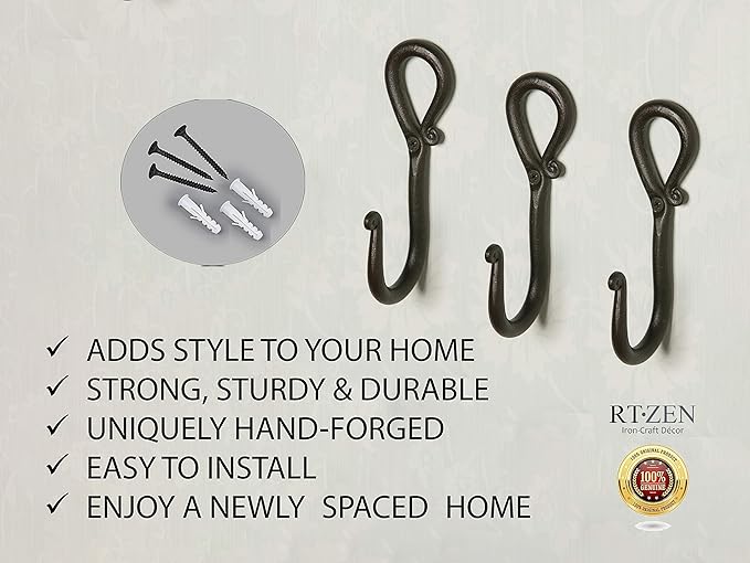 RTZEN Wall Mount Hook Set - Wrought Iron Decorative Rustic Metal Coat Hooks for Hanging - Handcrafted Classic Farmhouse Wall 