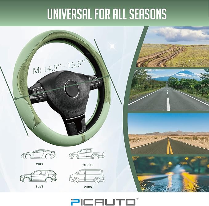 PIC AUTO Steering Wheel Cover, Green Patterned Leather Patchwork Design, Universal Fit 14.5"–15.5", Anti-Slip, Odor-Free, Sof