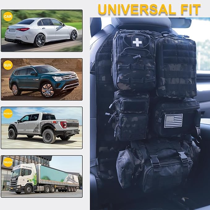 Universal Tactical Car Seat Back Organizer Bag Tactical Molle Vehicle Organizers Panel Vehicle Protector Organizers with 5 Detachable Pouches for Car Truck Ford Jeep (Model B-Black camo)