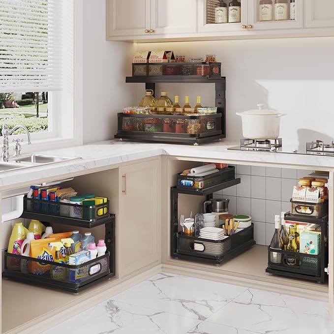2 Pack 18.5IN-Depth Under Sink Organizer With Next-Gen Ball-Bearing Slides,2-Tier Precision Mesh Pull Out Cabinet Storage for
