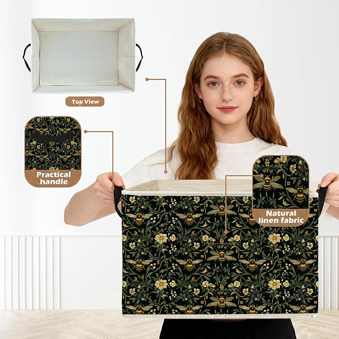 Moody Floral Bumblebee Storage Box Bins, Dark Cottagecore Honey Bee Botanical Collapsible Storage Basket Organizer for Bedroo