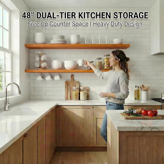 IEO Long Wooden Floating Shelves for Room Wall, Natural Wood Floating Shelves Wall Mounted Kitchen Shelf for Living Room, Bed
