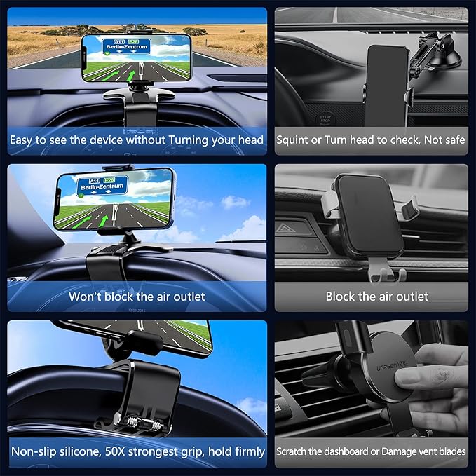 360 Degree Rotation Dashboard Cell Phone Holder for Car Clip Mount Stand Suitable for 4 to 7 inch Smartphones (Black)