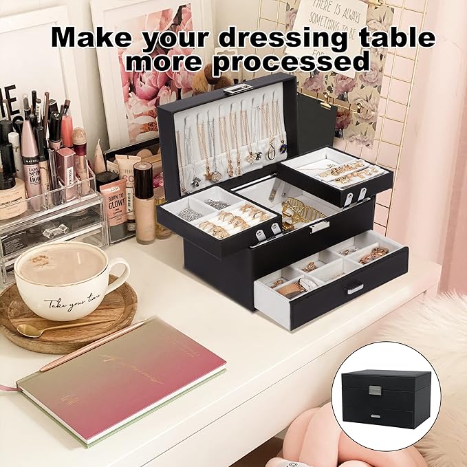Dajasan Jewelry Organizer Box, Large Jewelry Boxes for Women Girls, Space-Saving 3 Layers Jewelry Storage Case with Drawer, M