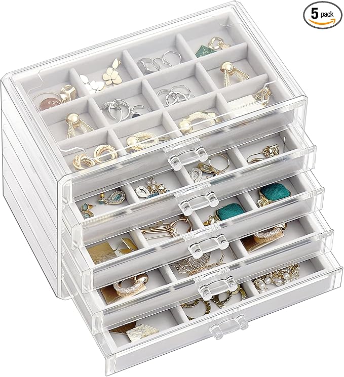 ProCase Earring Holder Organizer Jewelry Box with 5 Drawers, Acrylic Clear Earring Case with Adjustable Velvet Trays for Wome