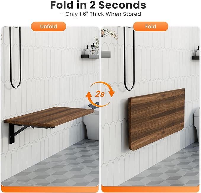 Foldable Walnut Floating Wall Shelves 20 inch, Bathroom Shelves Wall Mounted,12" Deep Wood Floating Kitchen shelves,Easy to I