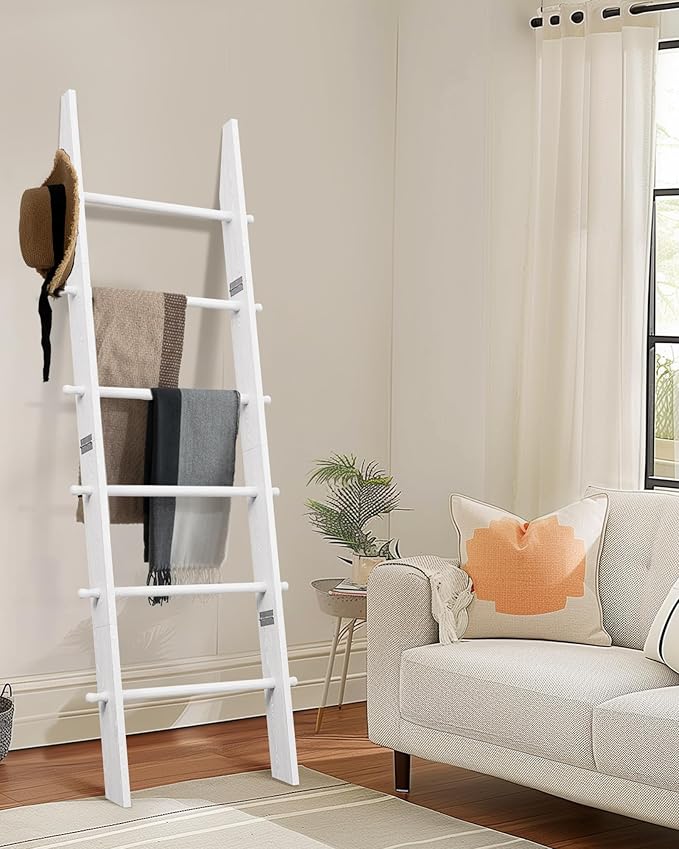 TEAKMAMA 6-Tier Blanket Ladder with Hanging Knobs,5.5 Ft Wall Leaning Blanket Ladders for Living Room Bedroom,Rustic Decorati