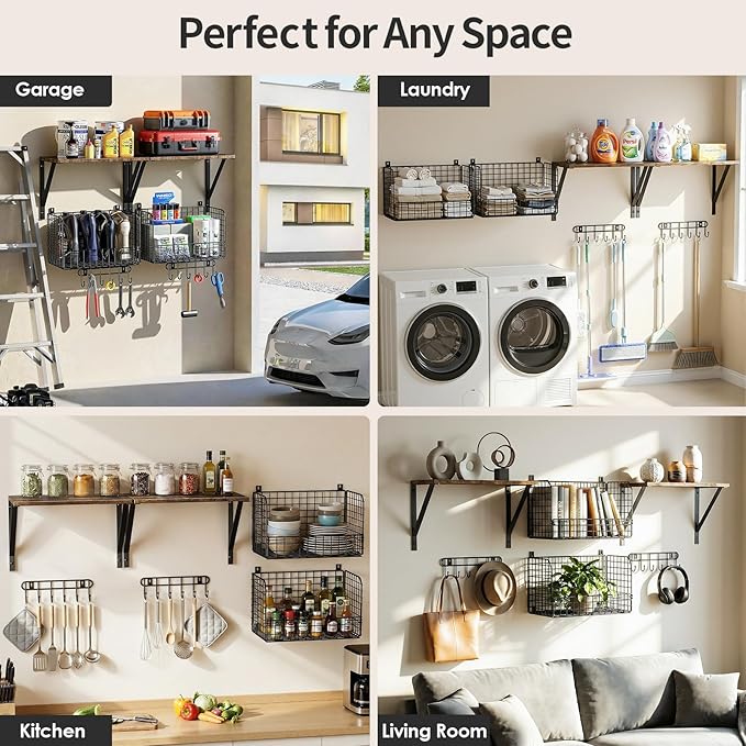 Housolution Garage Shelving Wall Mounted, Heavy-Duty Garage Wall Shelving with Baskets & Hooks Supports up to 154 LBS in Tota