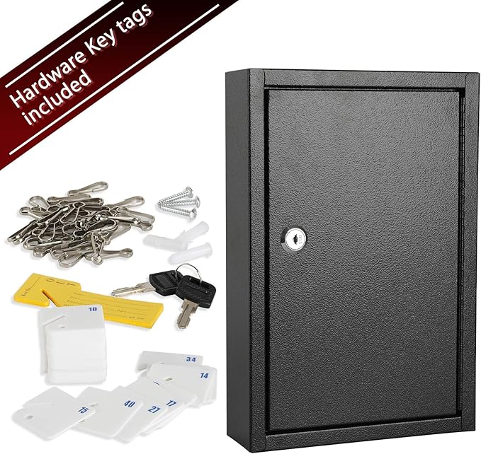 KYODOLED Key Storage Lock Box Wall Mount, Locking 40 Key Cabinet Holder Box with Key Lock, Hooks & Labels for Home, Office, C