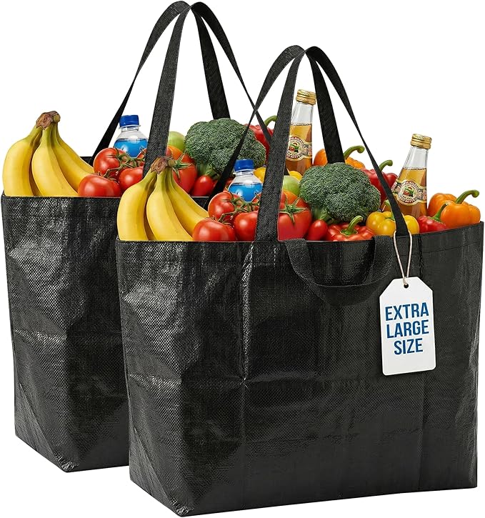 DURASACK Haul-It-All Extra-Large Reusable Shopping Bag – Heavy Duty Open-Top Tote with Handles, 18-Gallon Capacity,Black, Pack of 2