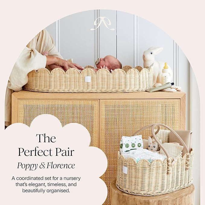 BEBE BASK Premium Baby Diaper Caddy Organizer - Handmade & Award-Winning Scalloped Rattan Basket - Luxury Diaper Caddy Basket