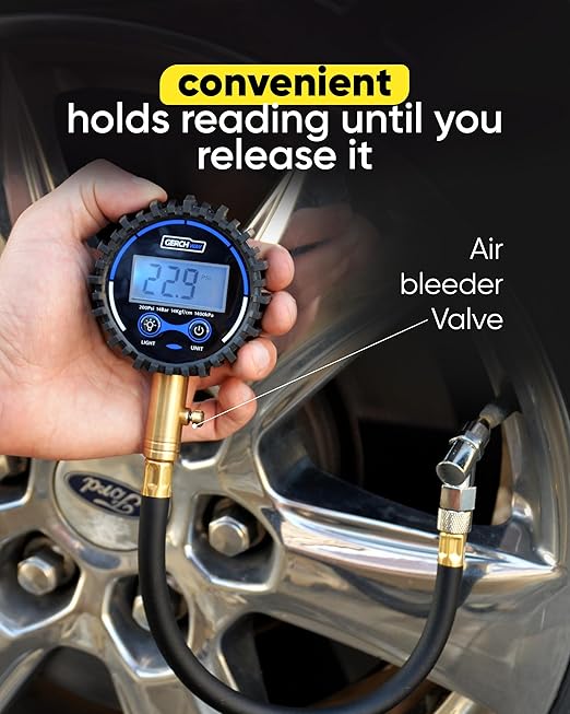 Digital Tire Pressure Gauge 200 PSI - Accurate Air Pressure Gauge for Tires with Easy-to-Read Numbers & 45° Angle Chuck