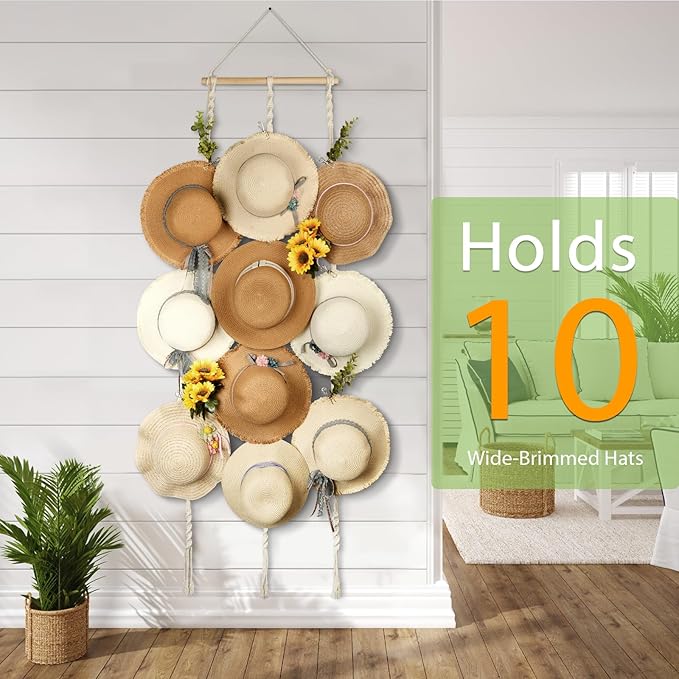 Macrame Hat Hangers for Wall Wide Brimmed Hat Holder Storage 10 Clips Hat Rack Organizer for Wall Display Boho Decor for Fedo