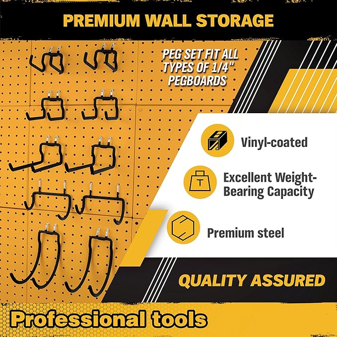 ELEAD 12-Piece Pegboard Hooks with Extension Straps, Heavy Duty Organizer Pegboard Accessories Fit for 1/4" Pegboard, Peg Boa