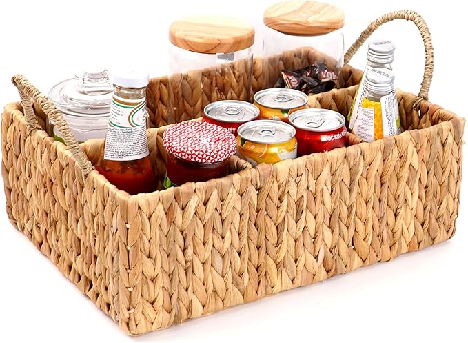 Wicker Divided Storage Basket Woven Natural Basket Hyacinth for Organizing Bathroom Kitchen Shelves Office Supplies Organizat