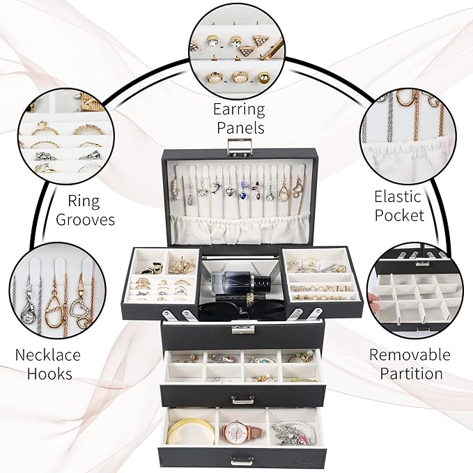 Dajasan Jewelry Organizer Box, Large Jewelry Boxes for Women Girls, Space-Saving 4 Layers Jewelry Storage Case with Drawer, M