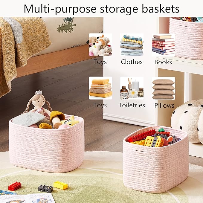 Pink Storage Bins 4 Pack Basket for Shelves Pink Rope Basket for Baby Nursery Organization 12.7"Lx9"Wx7.9"H