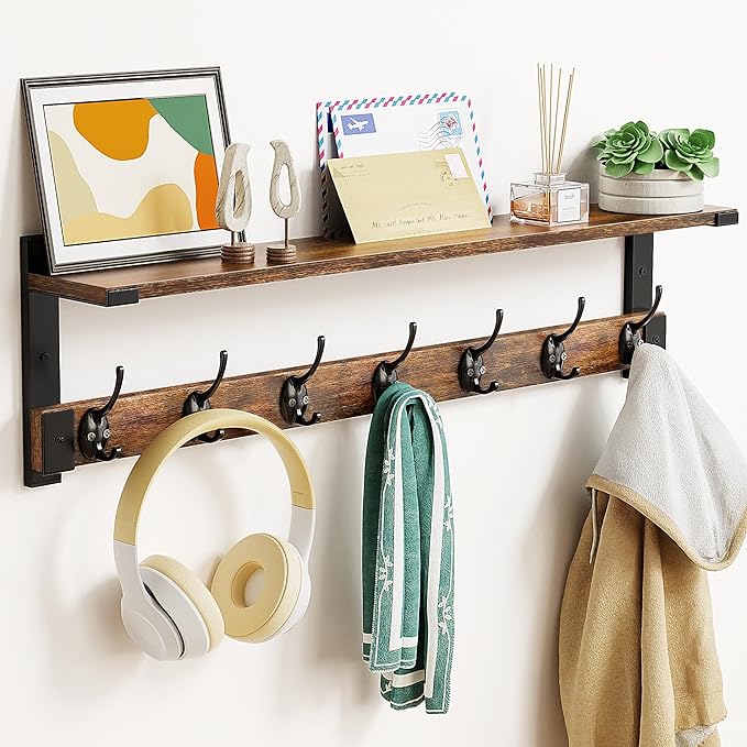 Oraich Wall Hooks with Shelf, 28.7 Inch Coat Rack Wall Mount with Hook for Coat Backpack Key Clothes Hanger, Wall Floating Sh