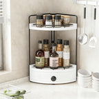2-Tier Corner Bathroom Counter Organizer with Drawer & Embedded Screw Holes - Wooden Countertop Organizers for Skincare, Make
