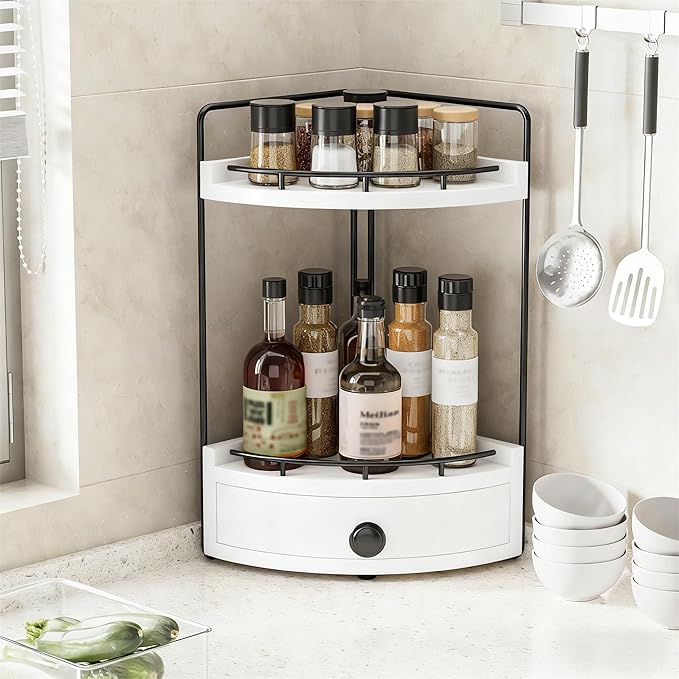 2-Tier Corner Bathroom Counter Organizer with Drawer & Embedded Screw Holes - Wooden Countertop Organizers for Skincare, Make