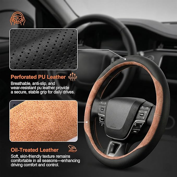 West Llama Customized Auto Car Steering Wheel Cover for Chevy Silverado 1500, 2500, 3500,14.5-15 inch (Brown - Standard Size)