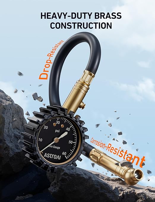 AstroAI Tire Pressure Gauge for Cars with Large 2" Dial, Solid Brass with Rubber Hose, Air Bleeder Valve, ANSI B40.1, 0-60PSI