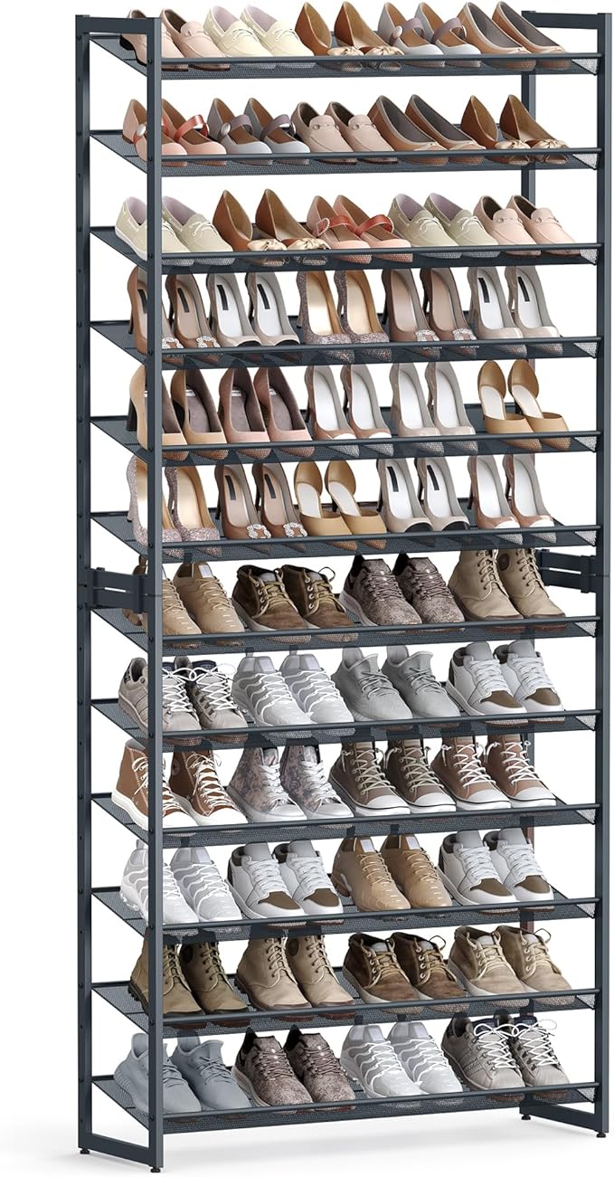 SONGMICS 12-Tier Stackable Shoe Shelf Set, Metal Shoe Storage for Garage, Entryway, with Adjustable Shelves, Hold 48-60 Pairs
