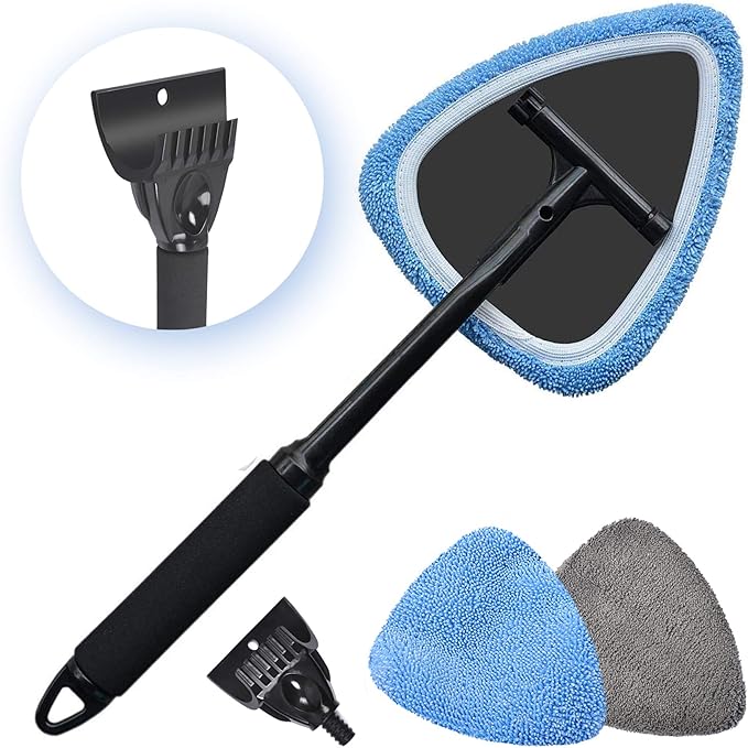 AutoEC Car Window Glass Cleaner Wand Windshield Interior Cleaning Tool with Detachable Ice Scraper for Car Auto SUV Truck, 2 Coral Fleece Bonnets