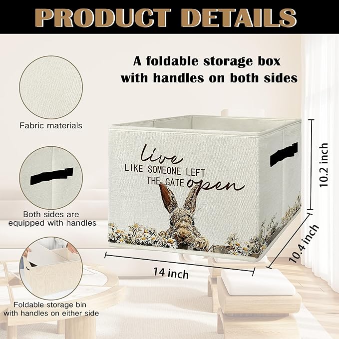 Rustic Bunny Storage Bins & Boxes with Handles, Farmhouse Rabbit Foldable Basket for Organizing, Live Like Someone Left the G