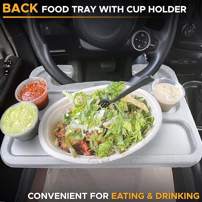 EcoNour 2 in 1 Car Steering Wheel Desk | Steering Wheel Tray for Laptop Car Mount with Pen Holder | Car Food Grey Tray for Eating with Drinks Holder | Multipurpose Travel Car Accessories