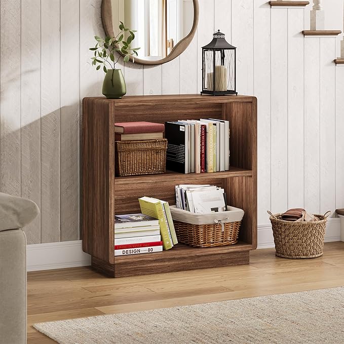 ChooChoo 2-Tier Bookcase, Small Wooden Bookshelf, Farmhouse Bookshelf with Open Storage, Short Bookcase for Bedroom and Home 
