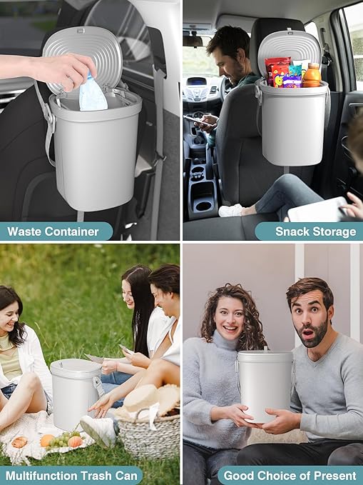 Waterproof Car Garbage Can, 1.9 Gallon Soft Silicone Hanging Trash Can for Car with Lid, Easy to Clean Multi-Purpose Automotive Garbage Bin