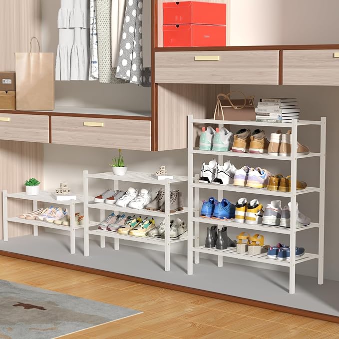 ROMGUAR CRAFT 4 Tier Bamboo Shoe Rack for Closet Free Standing Wood Shoe Shelf for Entryway Small Space Stackable 27"x11"x26"