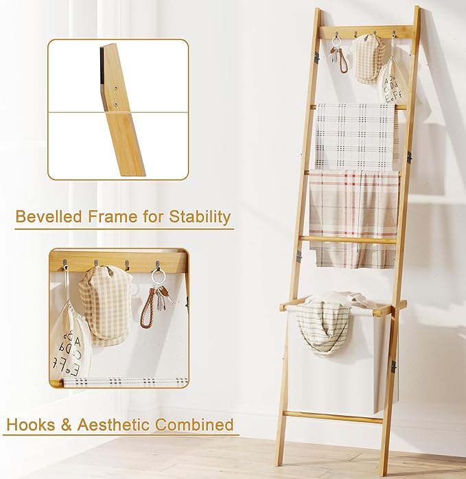 BAMBANG Bamboo Blanket Ladder with Basket, 5-Tier Quilt Rack Stand with 4 Hooks & Storage Hamper for Living Room Bathroom, Wa