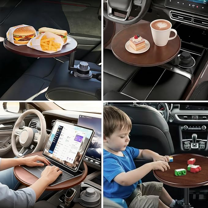 Car Desk 360° Rotating Wood Cup Holder Table for Car Center Car Accessories Car Tray for Laptop Compatible with Most Vehicle