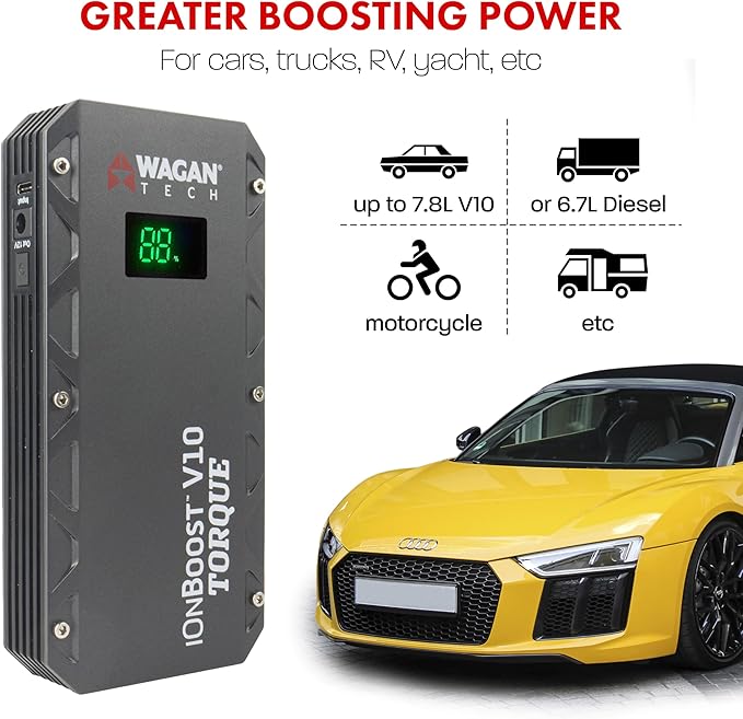Wagan EL7507 Jump Starter iOnBoost V10 Torque 1000Amp Peak 12V Portable Lithium Car Battery Up to 7.8L V10 or 6.7L Diesel,