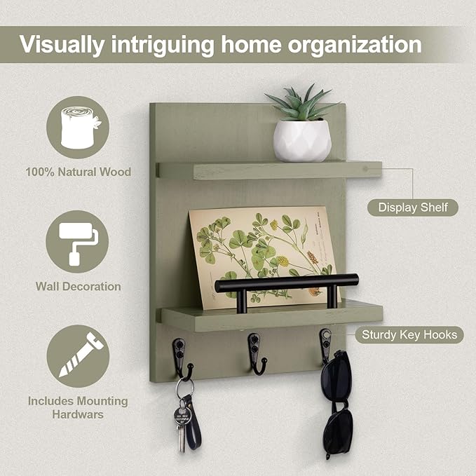 Key Holder Wall Mount, Mail Shelf Decor with 3 Key Hooks, Versatile Wood Wall Organizer for Entryway Hallway (8.2” x 10.6”x 3