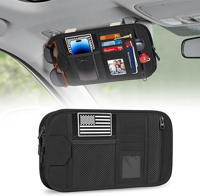 HUANLANG Car Sun Visor Organizer, Tactical Car Accessories with Zipper Storage Pouch, Glasses Clip Card Sleeve Pocket, Multi-Pocket Visor Organizer Fits Most Cars, SUVs, Trucks