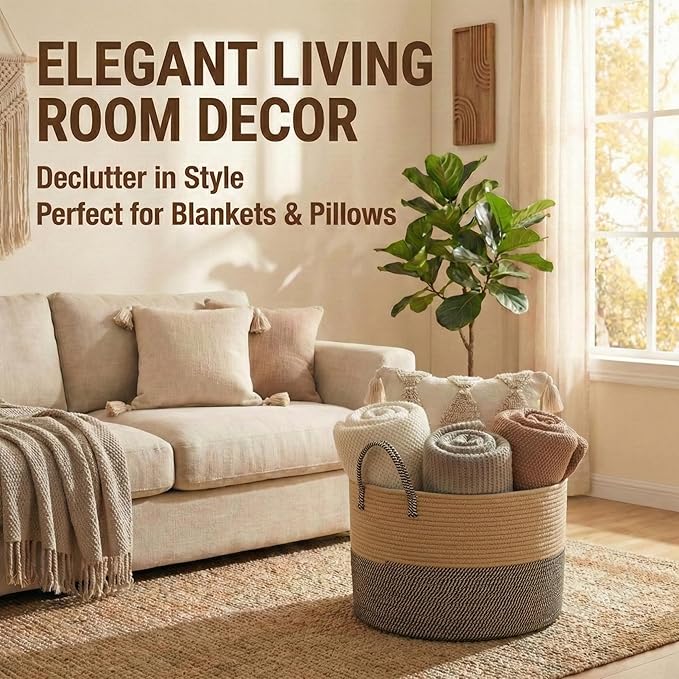 JMvicyroam 65L Extra Large Blanket Basket for Living Room - Woven Cotton Rope Laundry Hamper with Reinforced Handles - Storag