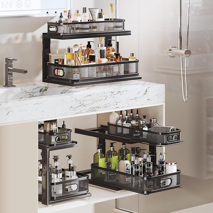 2 Pack 21IN-Depth Under Sink Organizer With Next-Gen Ball-Bearing Slides,2-Tier Precision Mesh Pull Out Cabinet Storage for B