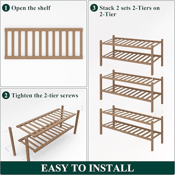 Smiry Shoe Rack, 6 Tier Thick Bamboo Shoe Organizer, Stackable Free Standing Wooden Shoe Storage Shelf for Closet, Entryway, 