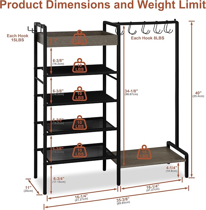 2-in-1 Shoe and Purse Rack, 5-Tier Shoe Rack with Wooden Tray & 7 Hooks, Industrial Metal Shoe Shelf with Removable Shelves f