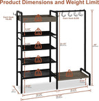 2-in-1 Shoe and Purse Rack, 5-Tier Shoe Rack with Wooden Tray & 7 Hooks, Industrial Metal Shoe Shelf with Removable Shelves f